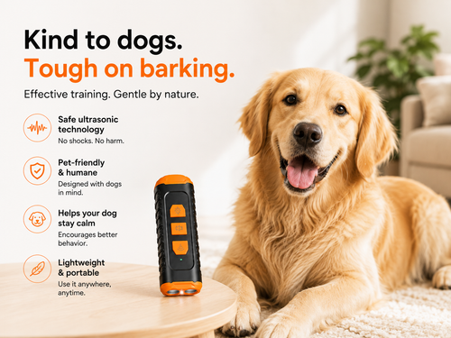 StopTheBark Pro humane ultrasonic dog training device beside a calm dog
