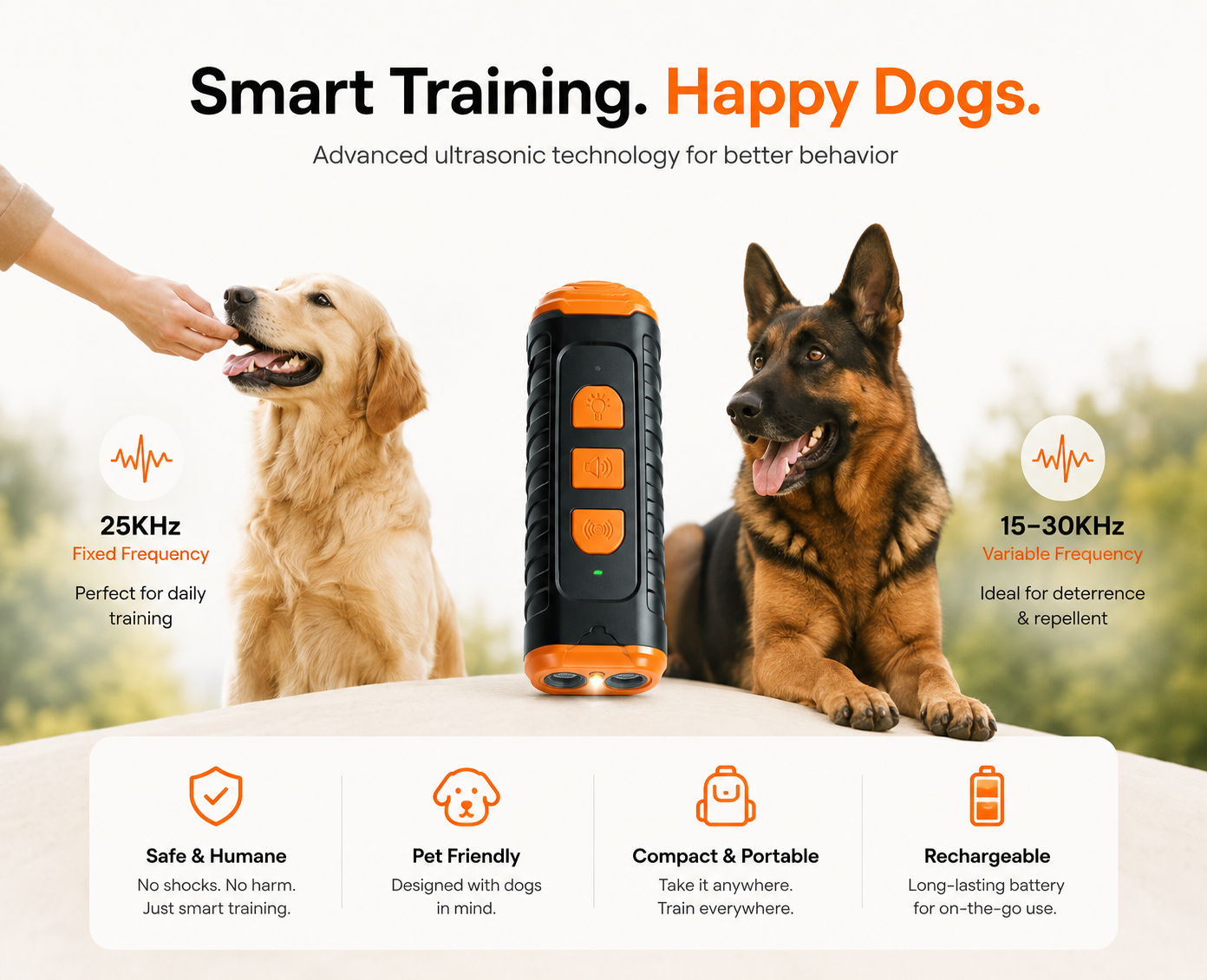 StopTheBark Pro smart ultrasonic training device with two dogs